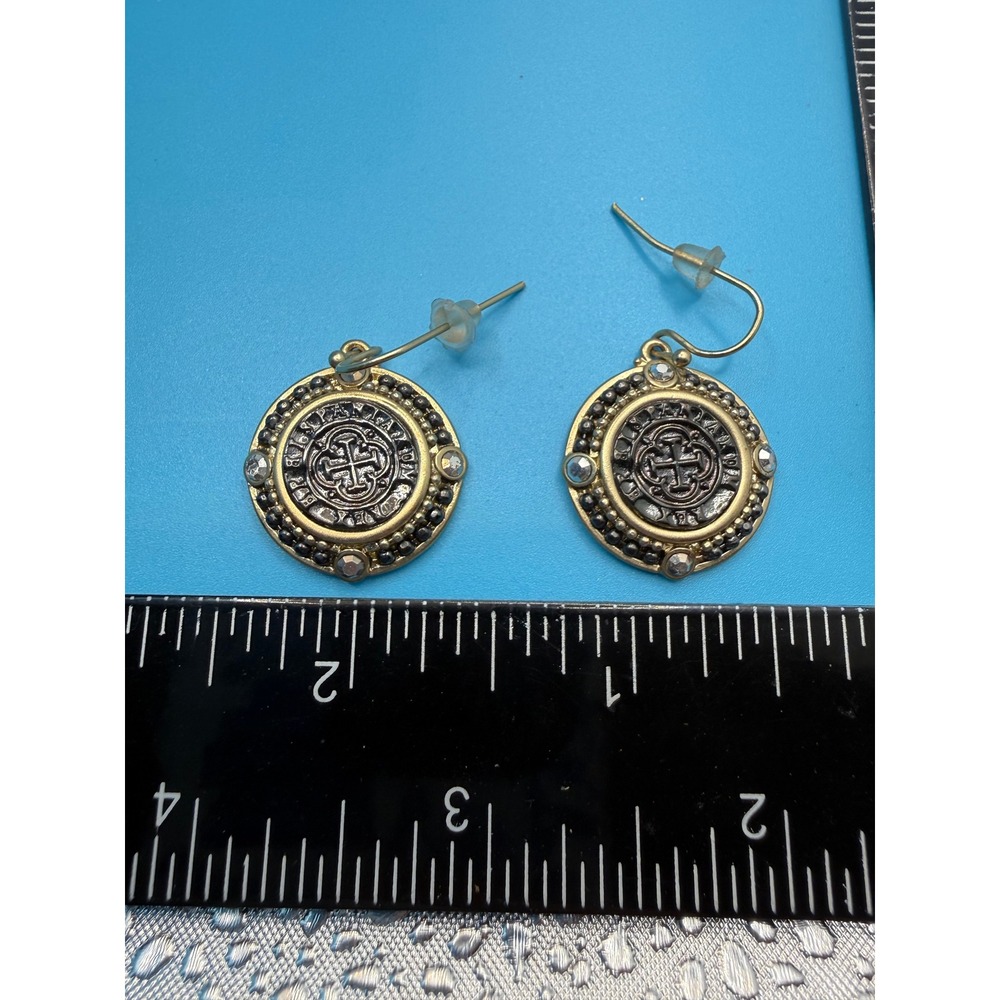 Chicos Mixed Metal Medallion Drop Earrings Cross Coin Rhinestone French Wire